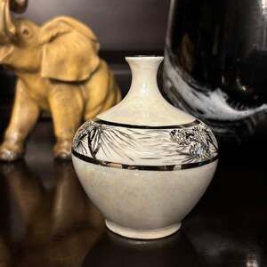 Vintage Japanese Porcelain Mini Vase - Iridescent White with Pine Tree Design